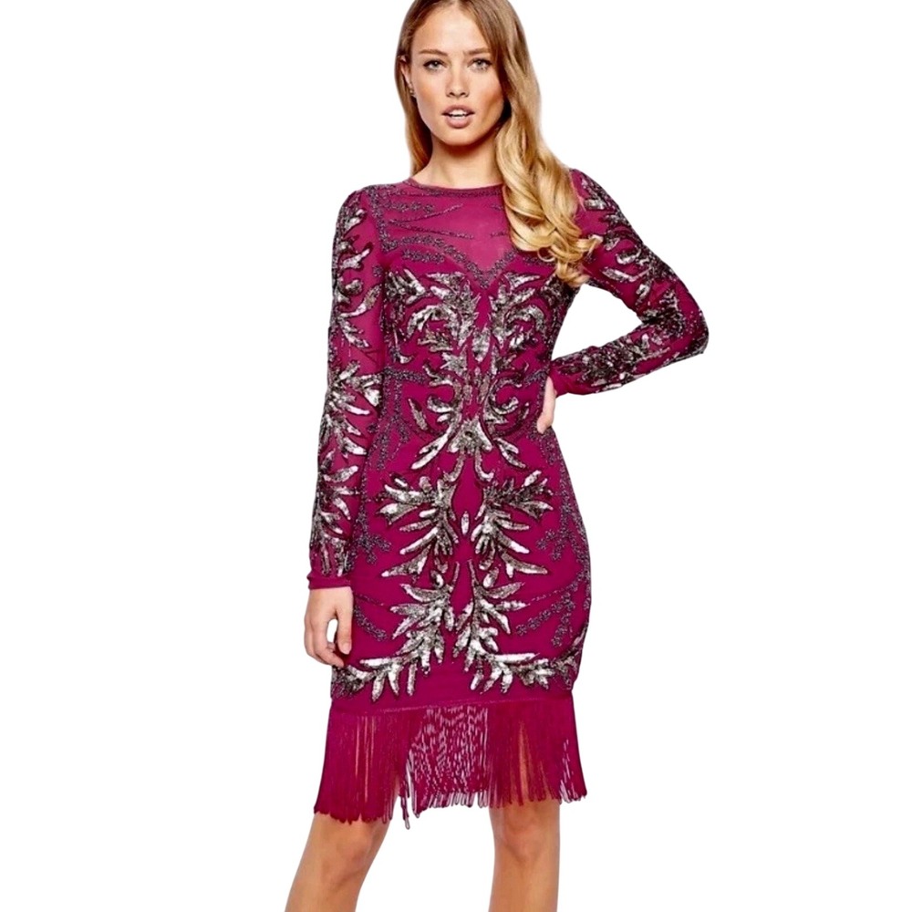 NWT Frock and Frill Embellished Silver‎ Star Sequin Beaded Dress Red UK 8 US 4